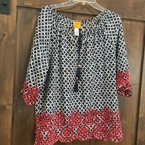 E229 Ruby Rd. Navy  and Red Geometric Blouse Sz. EUC July 4th